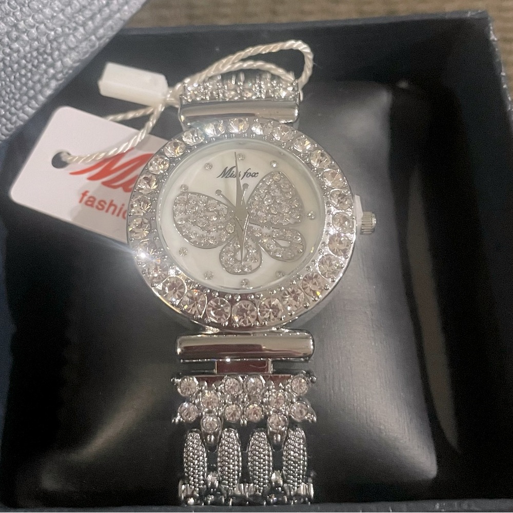 Miss. Fox 18K white gold & CZ Diamond butterfly watch. Swiss Quartz